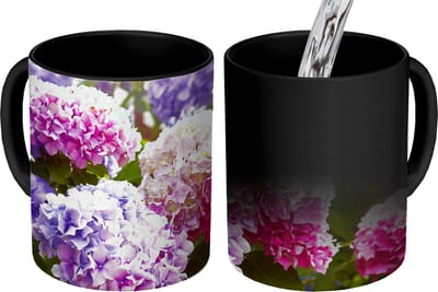 Magische Mok - Foto op Warmte Mokken - Koffiemok - Bloemen - Hortensia - Roze - Bladeren - Zon - Magic Mok - Beker - 350 ML - Theemok