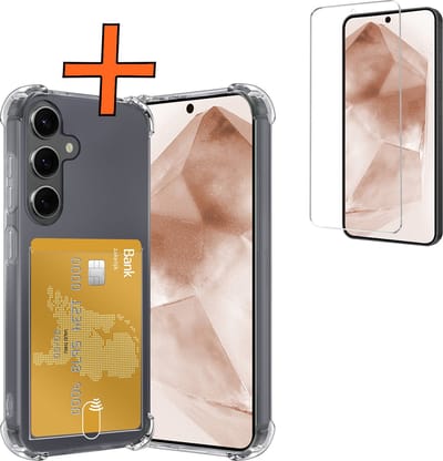 Hoes - Geschikt voor Samsung Galaxy A55 - Met Screenprotector - En Pashouder - En Kaarthouder - Telefoon Hoesje Shockproof - Siliconen Case - Back Cover - Shock Proof - Pasjes Houder - Transparant