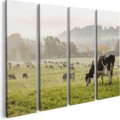 Artaza Canvas Schilderij Vierluik Zwart Witte Koeien In De Wei - 80x60 - Foto Op Canvas - Canvas Print