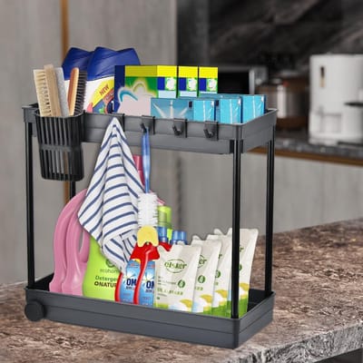 Famanu - Keukenorganizer voor onder de gootsteen, organizer met 2 niveaus voor onder de gootsteen met 4 haken, 4 antislippads, opslag onder kast, opslag onder de gootsteen, voor keuken
