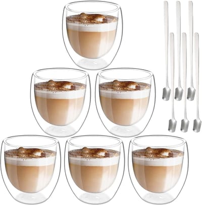 Set van 6 Dubbelwandige Latte Macchiato Glazen van 250 ml met Lepels, Perfect voor Cappuccino, Iced Coffee en Espresso