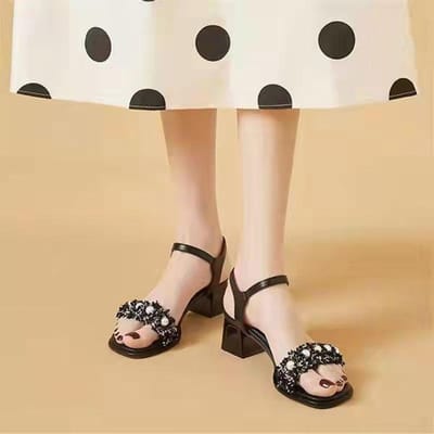 Zomer Zwart Dikke Hak Parel Dames Sandalen Mode Open Teen Hoge Hakken Eenvoudig Temperament Werk Damesschoenen Leer Platte Schoenen 38