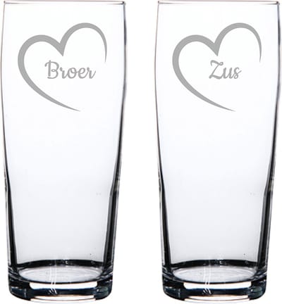Gegraveerde bierfluitje 19cl Broer met hartje & Zus met hartje