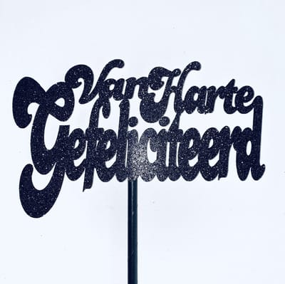 Taartdecoratie versiering| Taarttopper| Cake topper |Gefeliciteerd| Verjaardag| Zwart glitter|14 cm| karton