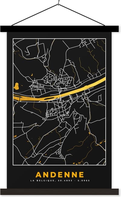 Posterhanger incl. Poster 40x60 cm - Schoolplaat - Kaart - Gold - Ardenne - Plattegrond - Stadskaart - Textielposter - Zwarte latten - Stadskaart