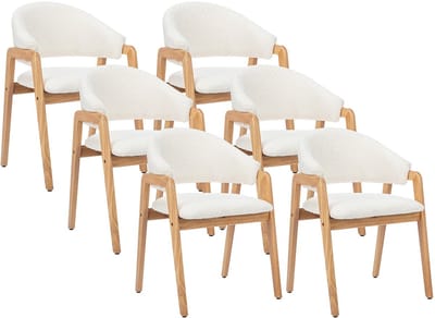 Vente-unique Set van 6 stoelen met armleuningen in boucléstof en rubberhout - Wit en naturel - SOLUNA