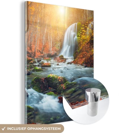 MuchoWow® Glasschilderij 30x40 cm - Schilderij acrylglas - Waterval - Zon - Herfst - Foto op glas - Schilderijen