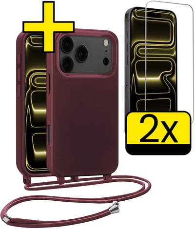 Hoesje Geschikt voor iPhone 17 Pro Hoesje Met Koord Met 2x Screenprotector Siliconen Case - Hoes Geschikt voor iPhone 17 Pro Backcover Met Afneembaar Koord - Aubergine