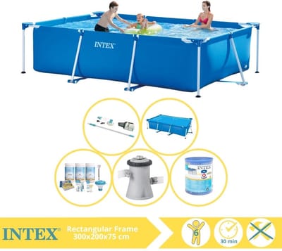 Intex Rechthoekig Frame Zwembad - 300 x 200 x 75 cm - Blauw - Inclusief Solarzeil - Onderhoudspakket - Zwembadfilterpomp - Filter - Stofzuiger - 6-delig