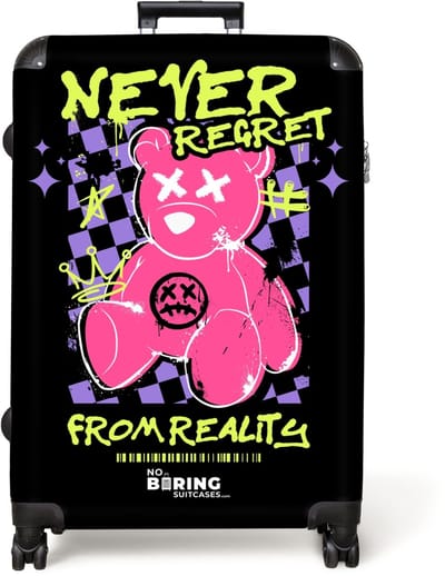 NoBoringSuitcases.com® - Koffer groot - Reiskoffer lichtgewicht - Slogan 'Never Regret' met teddybeer als graffiti - Rolkoffer met 4 wielen - Grote trolley XL - 98 liter bagage