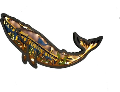 Houten Dieren Lamp - Houtsnijwerk Decoratie - Sfeerverlichting Kamer - Geïntegreerde LED Verlichting - Blauw