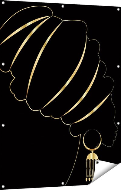 Gards Tuinposter Afrikaanse Vrouw met Gouden Zwarte Tulband - 90x120 cm - Tuindoek - Tuindecoratie - Wanddecoratie buiten - Tuinschilderij