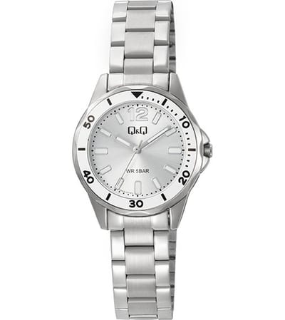 Q&Q Q88B-001PY - Horloge - Polshorloge - Analoog - Dames - Vrouwen - stalen band - Metaal - Rond - Cijfers - Strepen - Zilverkleurig - Wit