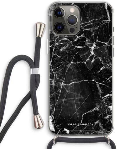 Case Company® - Hoesje met koord geschikt voor iPhone 12 Pro hoesje met Koord - Zwart Marmer - Telefoonhoesje met Zwart Koord - Bescherming aan alle Kanten en Over de Schermrand