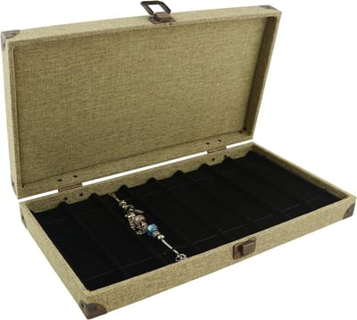 Jute Houten Sieradenkist - Sieraden Organizer - Juwelen Opbergen - Verwisselbare Inzetstukken - 37.5 x 21 x 5.6 cm - Natuurlijk