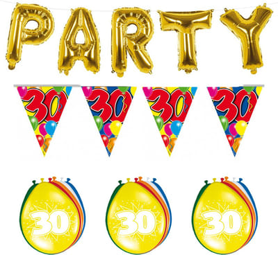 Folat - Verjaardag feestversiering 30 jaar PARTY letters en 16x ballonnen met 2x plastic vlaggetjes