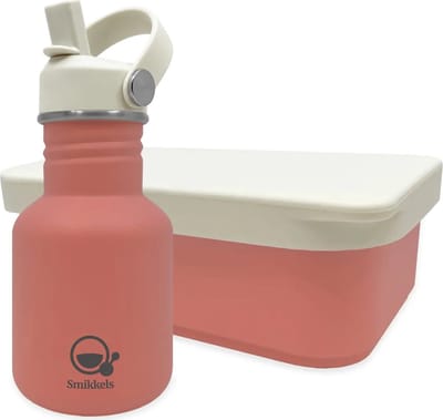 Smikkels - RVS Lunchset - Drinfkles - Broodtrommel met siliconen deksel - 304 RVS (18/8) - Roze - Schoolset kind