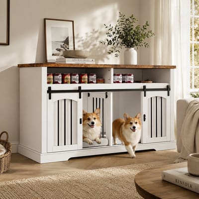 Hondenbench - Bench Hond - Bench Kast - Luxe Hondenkennel - Kamerkennel & Sidetable - Met schuifdeur en veiligheidsslot - Verwijderbare middenscheiding - Met Opbergruimte - Stevig en duurzaam - 153 x 60 x 85 cm - Wit