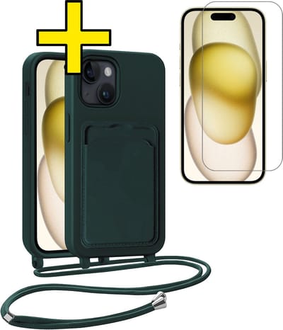 Hoesje Geschikt voor iPhone 15 Telefoonhoesje Met Koord Case Pashouder Met Screenprotector Siliconen - Hoes Geschikt voor iPhone 15 Hoesje Met Kaarthouder - Donkergroen