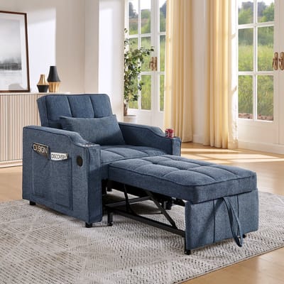 HAUSS SPOLE Slaapbank - 3-in-1 Bank En Ligbed - Met Usb-Laadpoort - Voor Woonkamer En Logeerkamer - Hout Stof Blauw