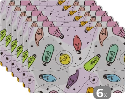 Placemat - Placemats kunststof - Pastel - Regenboog - Lamp - Patronen - 45x30 cm - 6 stuks - Hittebestendig - Anti-Slip - Onderlegger - Afneembaar