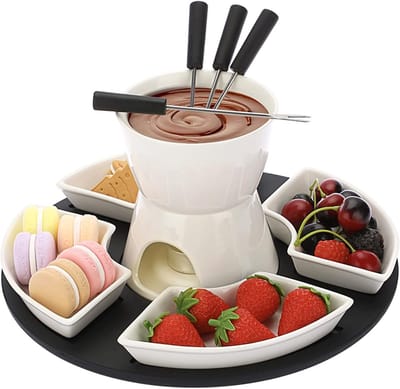 Keramische chocoladefondue set met houten pallet, 4 vorken en 4 borden voor feestelijke desserts en gezinsmaaltijden