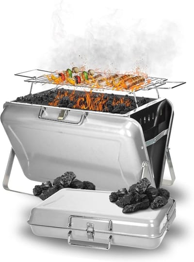 Draagbare houtskoolgrill - Ideale koffergrill voor maximaal 4 personen - Mobiele grill voor camping, picknick of thuis