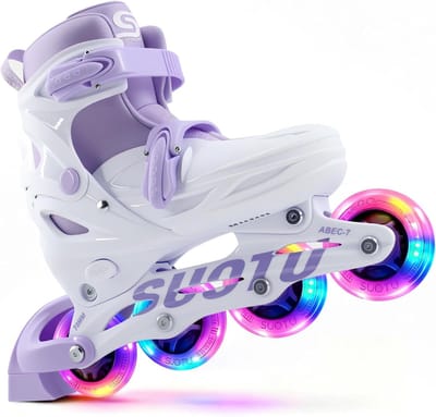 Kinderskeelers - Verstelbare skates - Buiten sporten - Lichtgevende wielen - Maat S (28-31) - Paars wit