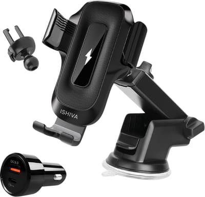 ISHIVA® Telefoonhouders Auto met Qi Draadloze Oplader - Gsm Houder Auto - Telefoonhouder Auto Ventilatie - Telefoonhouder Auto Zuignap - met Qi Draadloze Oplader - voor Raam, Dashboard en Ventilatie Luchtrooster - 2 jaar Garantie