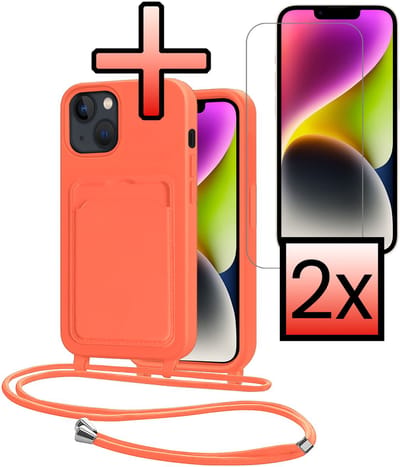 Hoes Geschikt voor iPhone 13 Hoesje Pasjeshouder Cover Met Koord Case Siliconen Hoes Met Telefoonkoord en Kaarthouder Met 2x Screenprotector - Papaya
