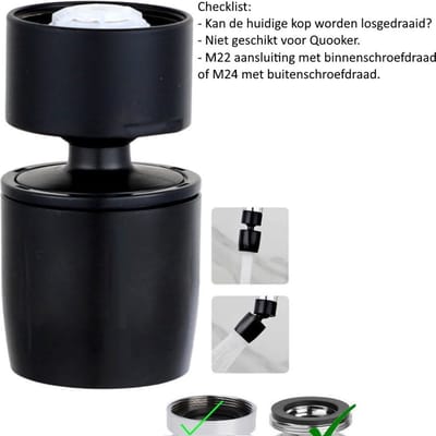 Roterende Flexibele Kraankop Zwart - 360 Graden - Controleer de (aansluit)maten! - Krachtige Kraan kop - Beluchter - Sproeikop - Kraan Opzetstuk - Zwenkbaar - M22 met M24 adapter
