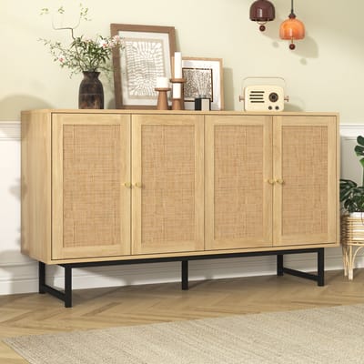 DESMIU Dressoir - Modern Design Met Echt Rietwerk En Mat Gouden Grepen - Voor Woonkamer, Eetkamer En Hal - Houtlook - 140x39,5x80 Cm