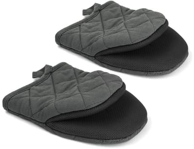 Bakhandschoenen - 1 paar - Kort - Warmte-isolerende handschoenen - Hittebestendige mini-handschoenen van puur katoen - Hittebestendig - Antislipoppervlak - Met ophanglus - Geschikt voor bakken - Grillen - Magnetronbestendig - Machinewasbaar - Grijs