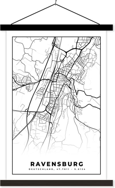 Posterhanger incl. Poster 40x60 cm - Schoolplaat - Plattegrond - Kaart - Revensburg - Stadskaart - Textielposter - Zwarte latten - Stadskaart