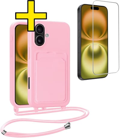 Hoesje Geschikt voor iPhone 16 Plus Telefoonhoesje Met Koord Case Pashouder Met Screenprotector Siliconen - Hoes Geschikt voor iPhone 16 Plus Hoesje Met Kaarthouder - Lichtroze