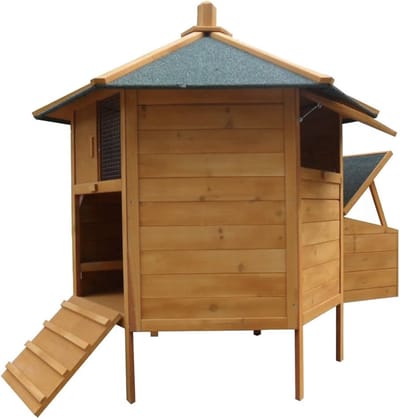 Mara Kippenhok - 6 Hoekig - Voor buiten - 2 Kippenstangen - Nestbox - Viltendak - Hout - Bruin - Groen - Praktisch - 131 x 125 cm