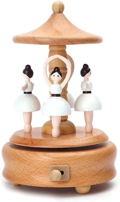 Houten Muziekdoos - Draaiende Speeldoos - Decoratief Cadeau - Met Bewegende Delen - Ca. 11-17 Cm Hoog - Natuurlijk Hout
