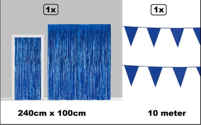 Set Folie gordijn metallic 2,4m x 1m blauw + vlaggenlijn blauw 10 meter - Decoratie festival themafeest carnaval gala disco glitter and glamour wanddeco