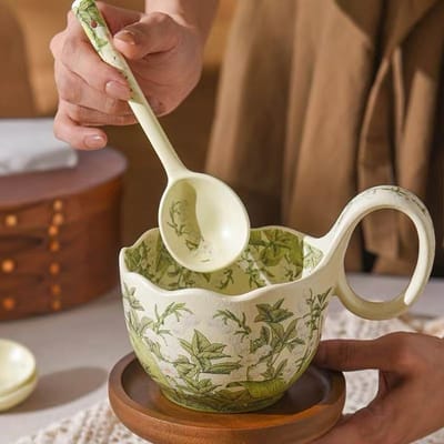 Keramische Mok Akkoord Kop met Lepel Ontbijtkop Havermoutkom Verwarmde Melk Lelietje-van-dalen Bloei Koffiekop Schotel 450ML