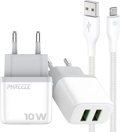 Phreeze usb oplader geschikt voor iPhone 6 7 8 X Xr Xs Plus en iPad 2017 2018 2019 2020 - 12 W dubbele usb adapter - Met oplaadkabel 1 meter