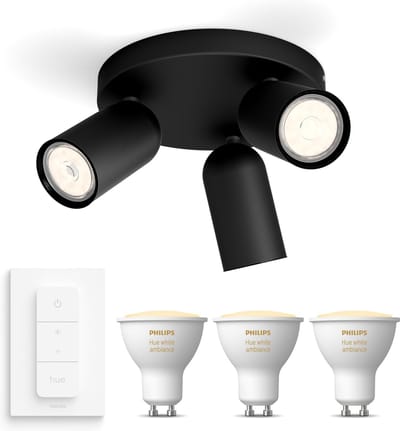 Philips Hue Pongee Opbouwspot (Zwart) - Warm tot Koelwit Licht - Incl. Hue Dimmer Switch - Plafondspot met 3 Lichtpunten - GU10 - Hue White Ambiance