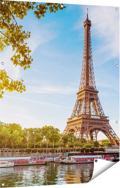 Gards Tuinposter Eiffeltoren in Parijs aan het Water - 90x120 cm - Tuindoek - Tuindecoratie - Wanddecoratie buiten - Tuinschilderij