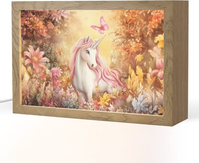 Nachtlampje 30x20 cm - Kinder lampje - Eenhoorn - Bloemen - Vlinder - Roze - Tafellamp kinderkamer - Slaapkamer lamp - Bedlamp kinderen - Kinderlampje stopcontact - Wandlamp babykamer - Nachtlampjes