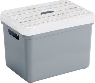 Sunware Opbergbox - blauw/grijs - 18L - kunststof - met houtkleur deksel - 35 x 25 x 24 cm
