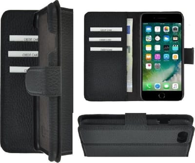 Geschikt voor iPhone Se 2020 hoesje Wallet - iPhone 7 hoesje - iPhone 8 hoesje - Bookcase - Portemonnee Hoesje Echt leer case Geribbeld Zwart