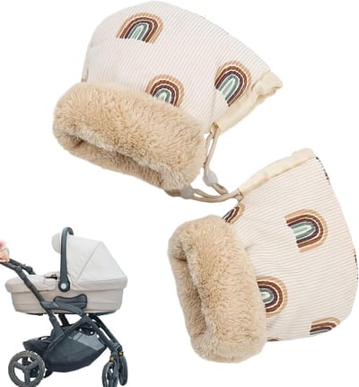 Kinderwagen Handwarmer - Pluche Wanten - Winterse Uitjes - Winddichte Voering - 25 x 15 cm - Regenboogpatroon