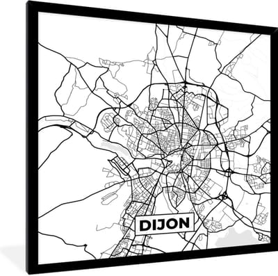 Fotolijst incl. Poster Zwart Wit- Kaart - Plattegrond - Dijon - Frankrijk - Stadskaart - Zwart wit - 40x40 cm - Posterlijst