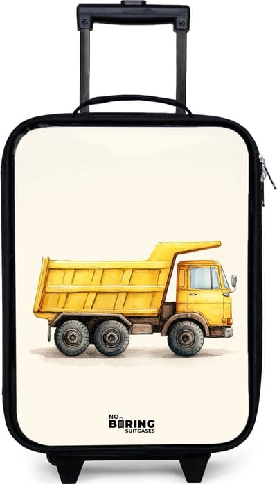 NoBoringSuitcases.com® - Kinderkoffer jongen - Kindertrolley meisje - Kiepwagen - Getekend - Geel - Koffer kind lichtgewicht - Reiskoffer trolley voor kinderen - Koffertje met lichtgevende wieltjes - Rolkoffer zwart