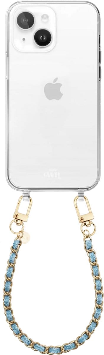 xoxo Wildhearts siliconen hoesje geschikt voor iPhone 15 Plus - Classic Chain - Denim (kort koord) - Telefoonhoesje - Hoesje met koord - Schakelketting - Kort telefoonkoord - Denim blauw met goud - Transparant hoesje