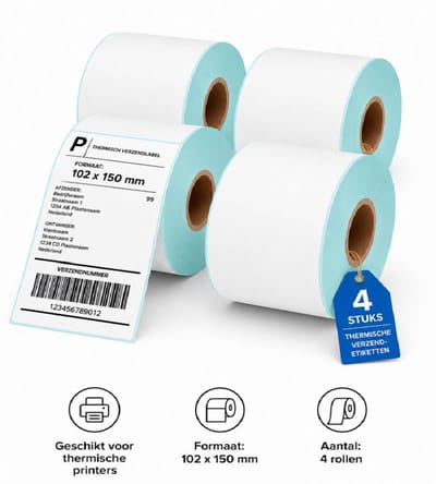 SMH LINE® Verzendlabels 102x150mm - 4 Rollen - 500 Labels per Rol - Zelfklevende Thermo Etiketten - Kern 25mm - Wit